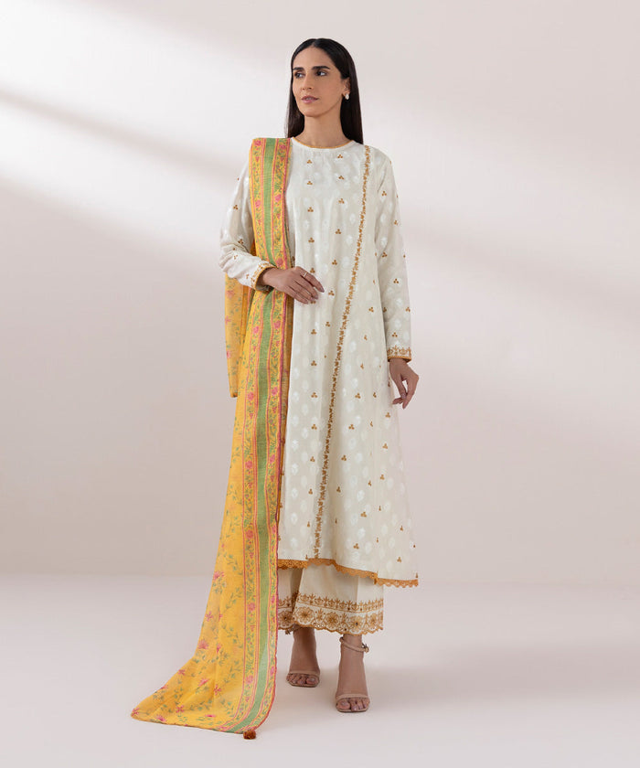 Embroidered Cambric Off White Stitched Suit - Sapphire