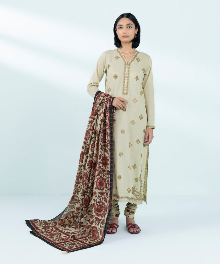 Embroidered Cotton Jacquard Beige Stitched Suit - Sapphire