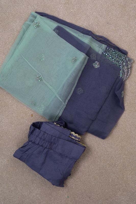 Crinkle Chiffon Grey 3 Piece Suit - Sapphire