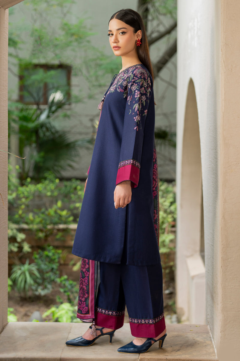 Embroidered Khaddar Navy Blue Stitched Suit - Jazmin