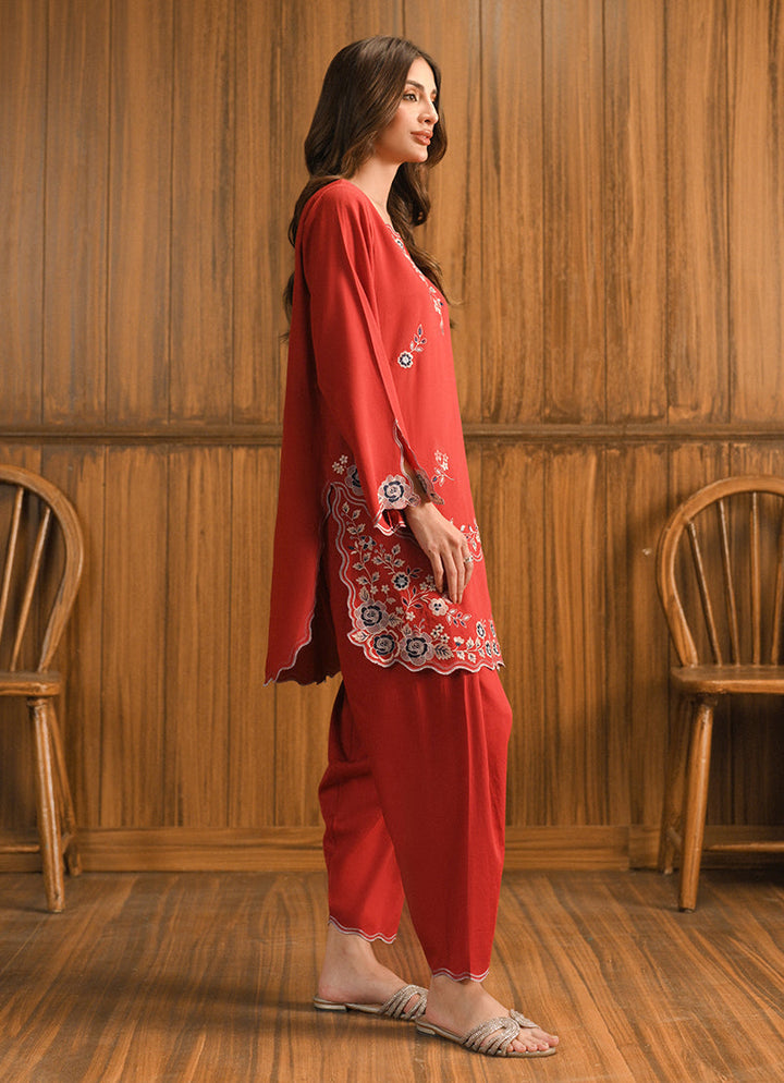 Cotton Satin Red Stitched Suit - Image