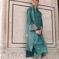 Embroidered Viscose Chanderi  Pine Green Stitched Suit - Indya
