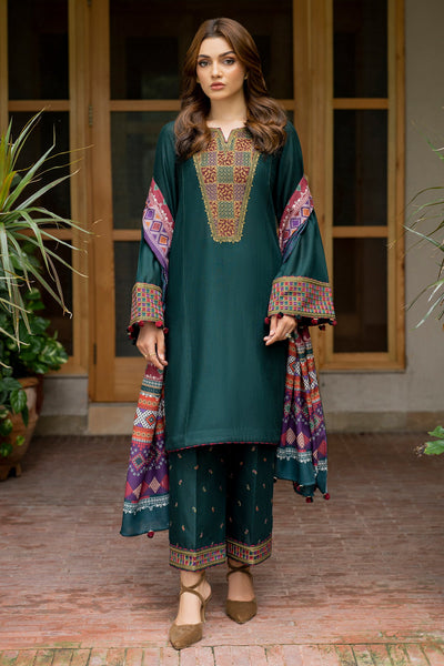 Embroidered Khaddar Green Stitched Suit - Jazmin