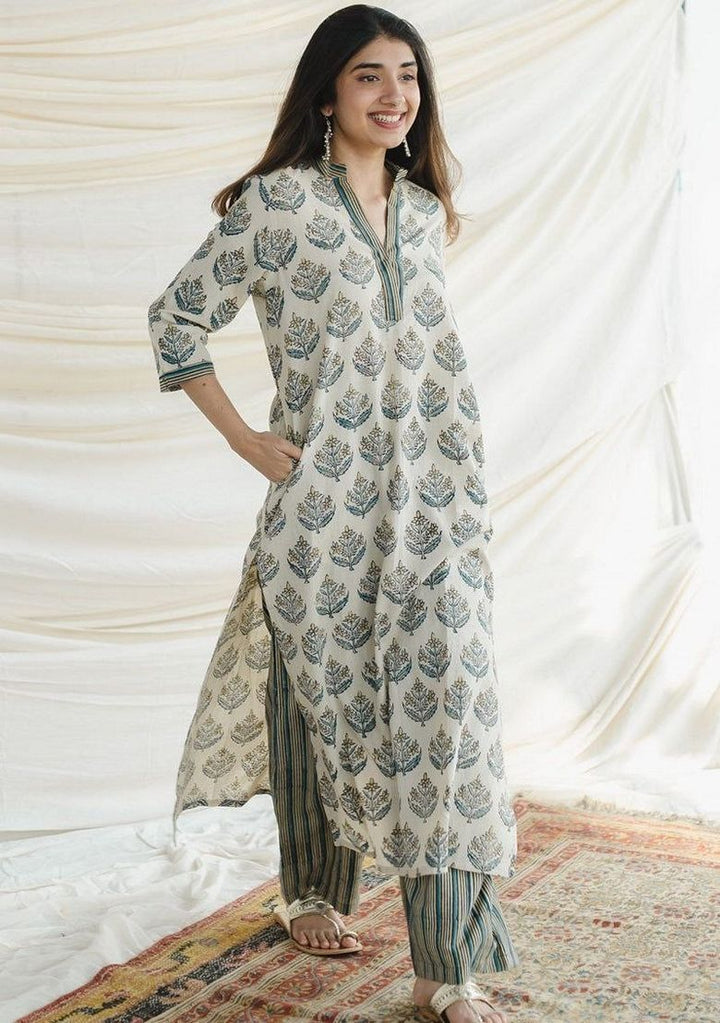 Digital Print Rayon White Stitched Suit - Indya