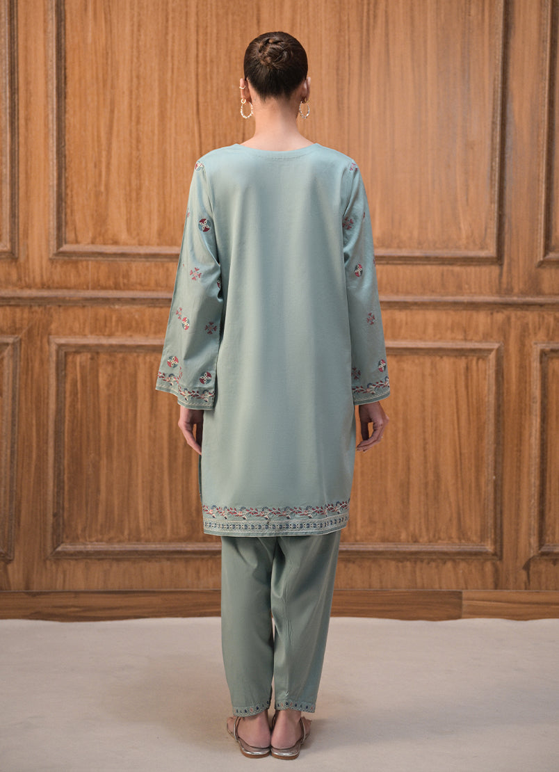 Cotton Satin Sea Foam Stitched Suit - Image