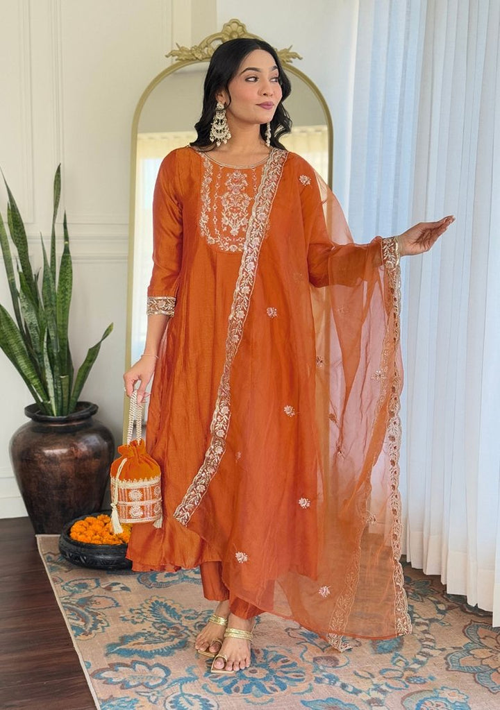 Embroidered Vichitra Silk Orange Stitched Suit - Indya