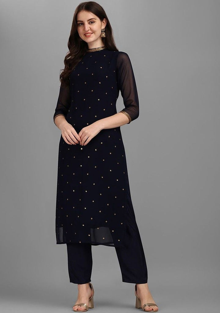 Embellished Poly Blend Navy Blue Stitched Suit - Indya