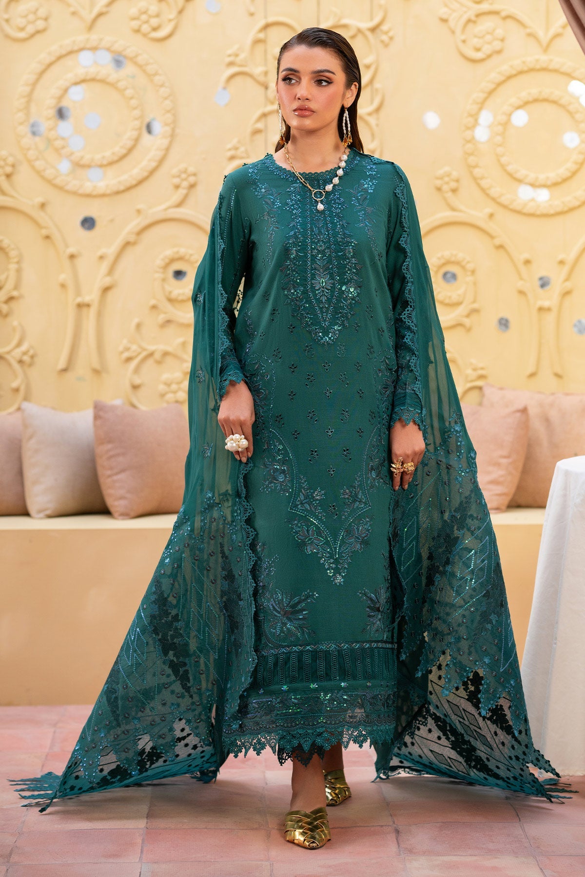 Embroidered Karandi Green Stitched Suit - Nureh