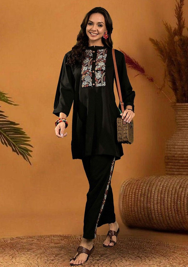 Embroidered Black Stitched Suit - Indya