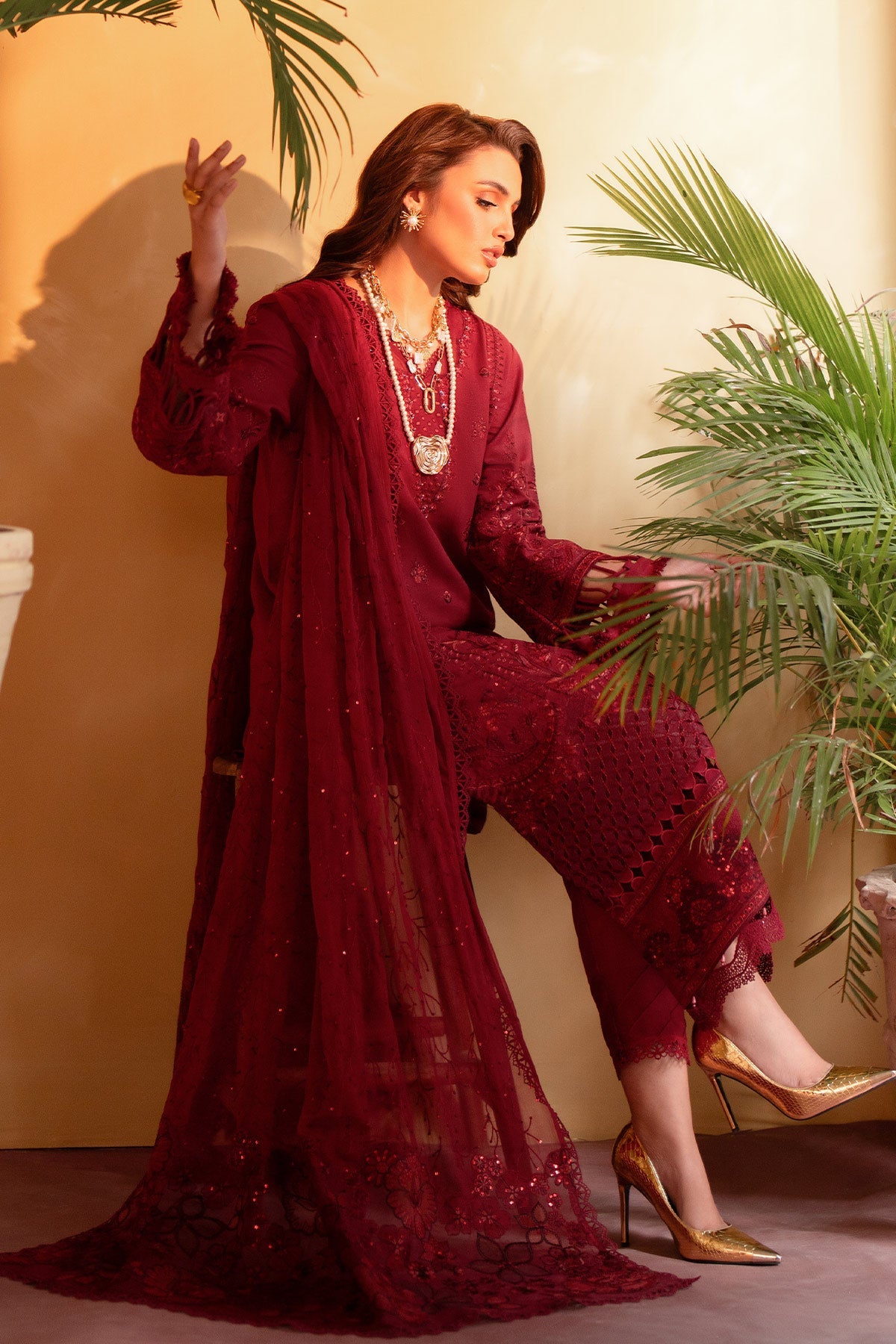 Embroidered Karandi Red Stitched Suit - Nureh