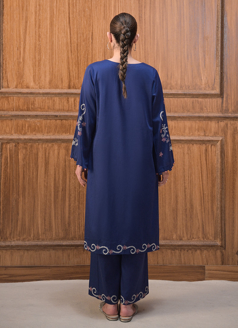 Cotton Satin Blue Stitched Suit - Image