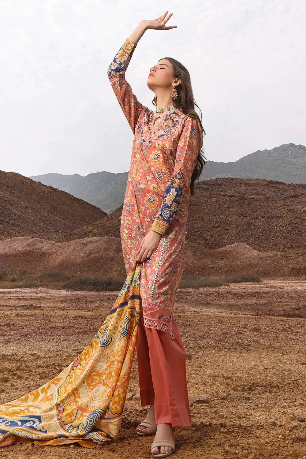 Khaddar Dark Peach Stitched Suit - Khas