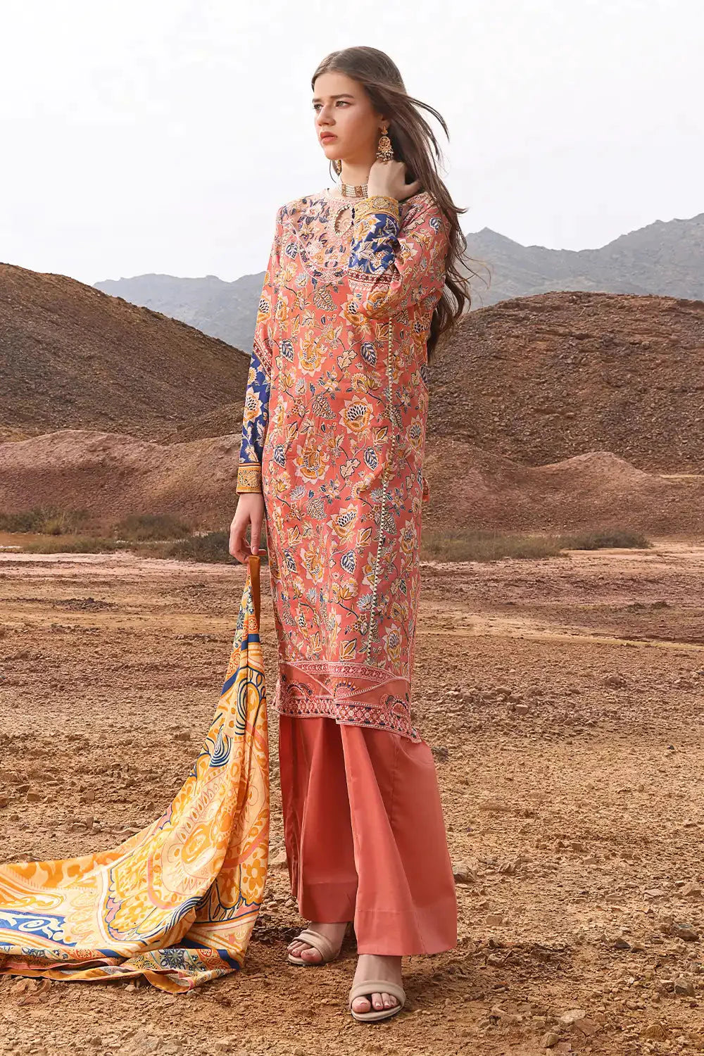 Khaddar Dark Peach Stitched Suit - Khas