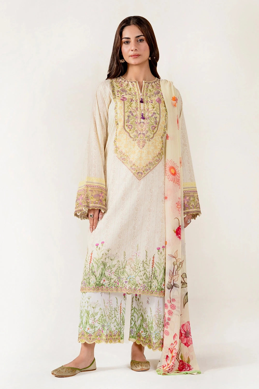 Embroidered Lawn Beige Stitched Suit - Khas