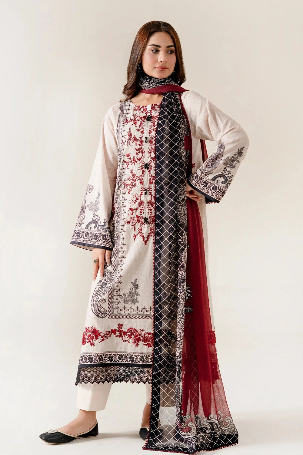 Embroidered Lawn Quill Grey Stitched Suit - Khas