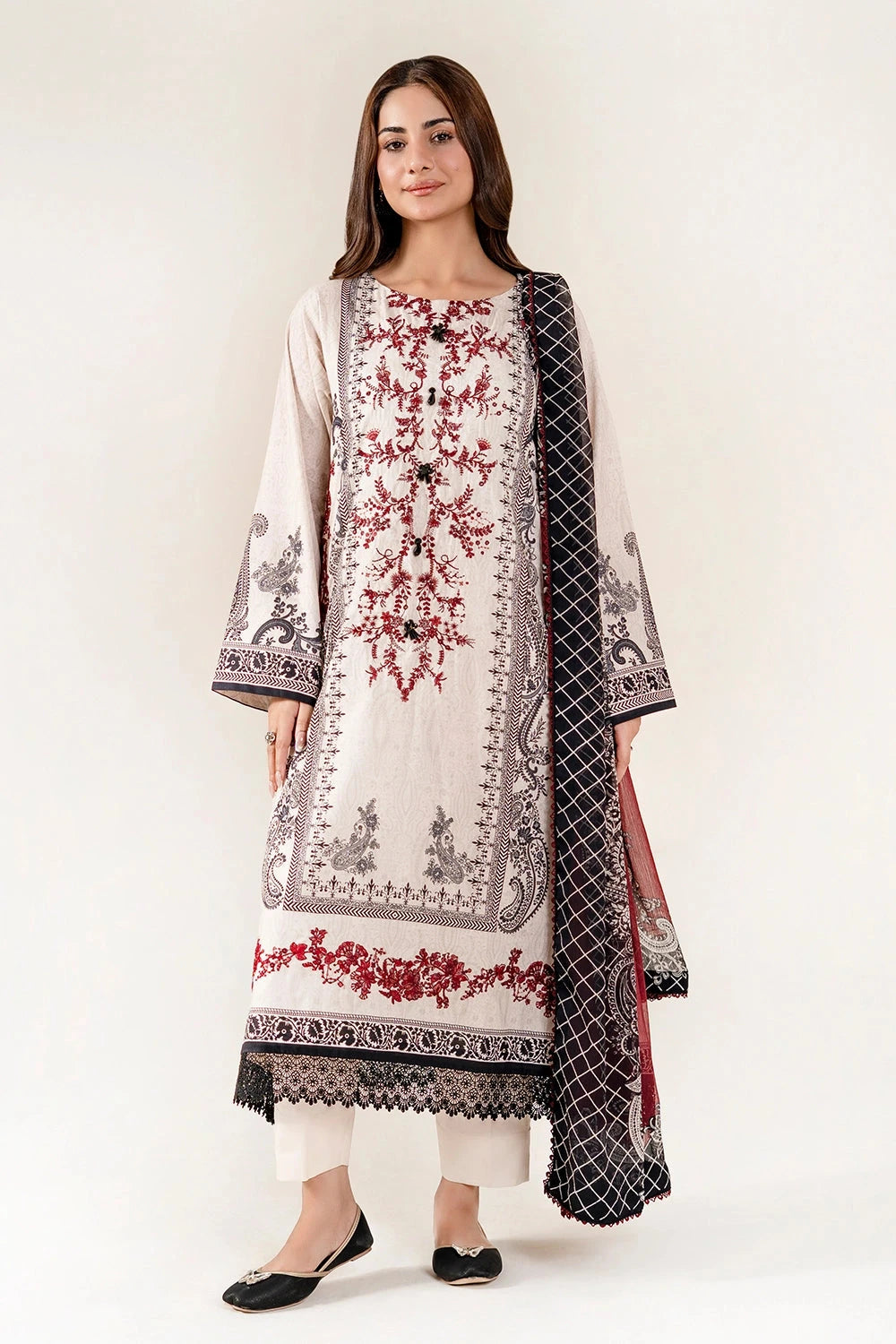 Embroidered Lawn Quill Grey Stitched Suit - Khas