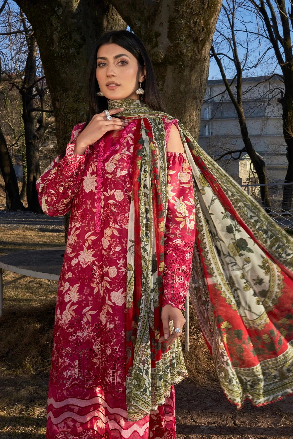 Embroidered Lawn Red Stitched Suit - Khas