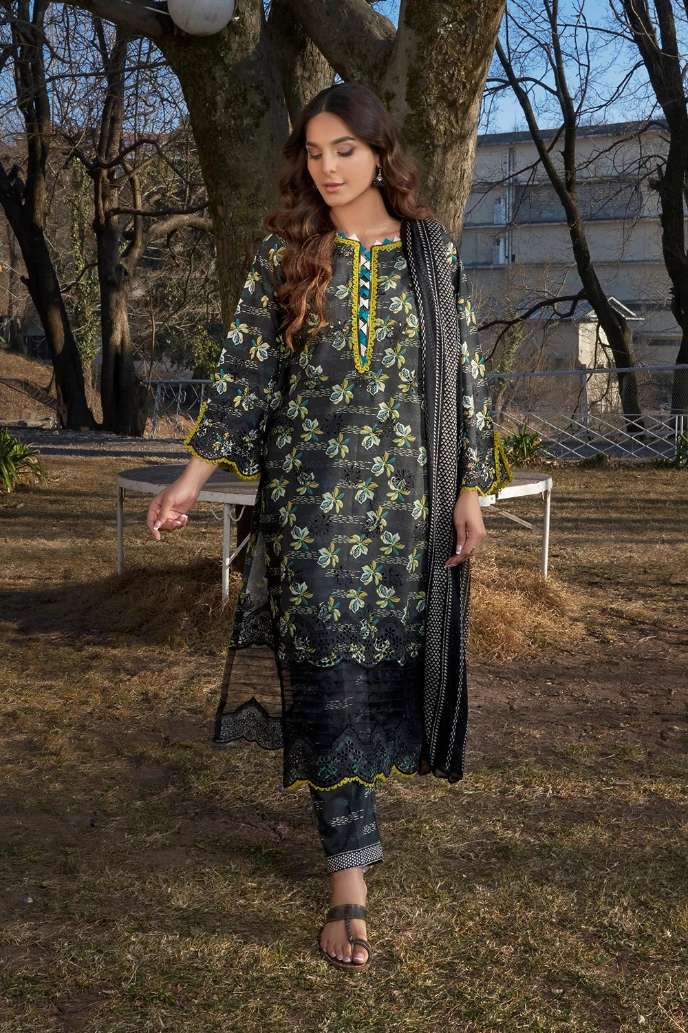 Embroidered Lawn Black Stitched Suit - Khas