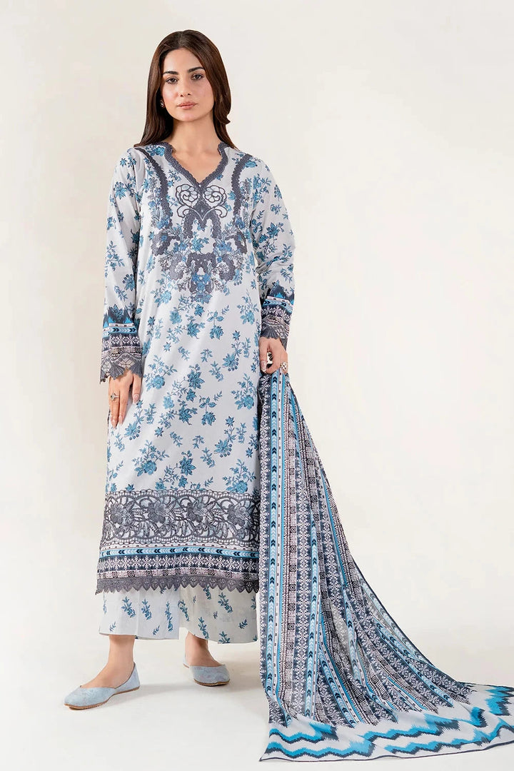Embroidered Lawn Grey Blue Mix Stitched Suit - Khas