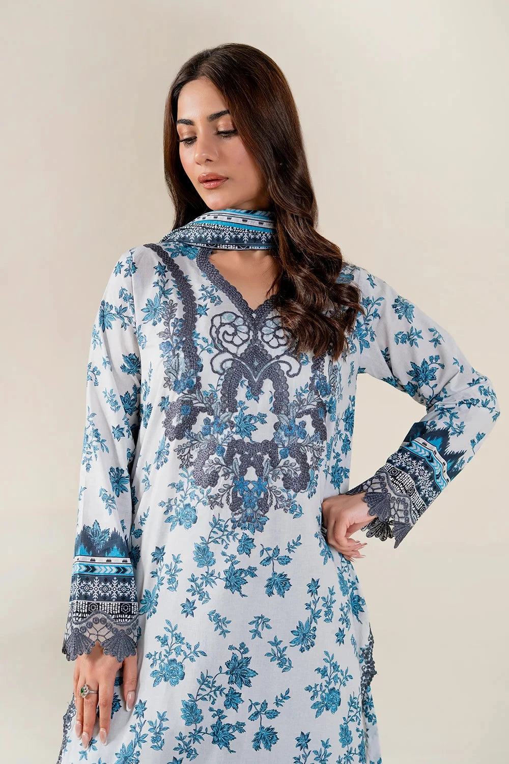 Embroidered Lawn Grey Blue Mix Stitched Suit - Khas