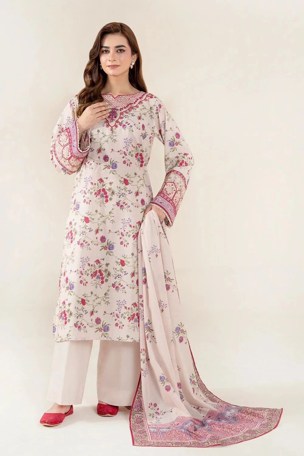 Embroidered Lawn Floral Ivory Stitched Suit - Khas