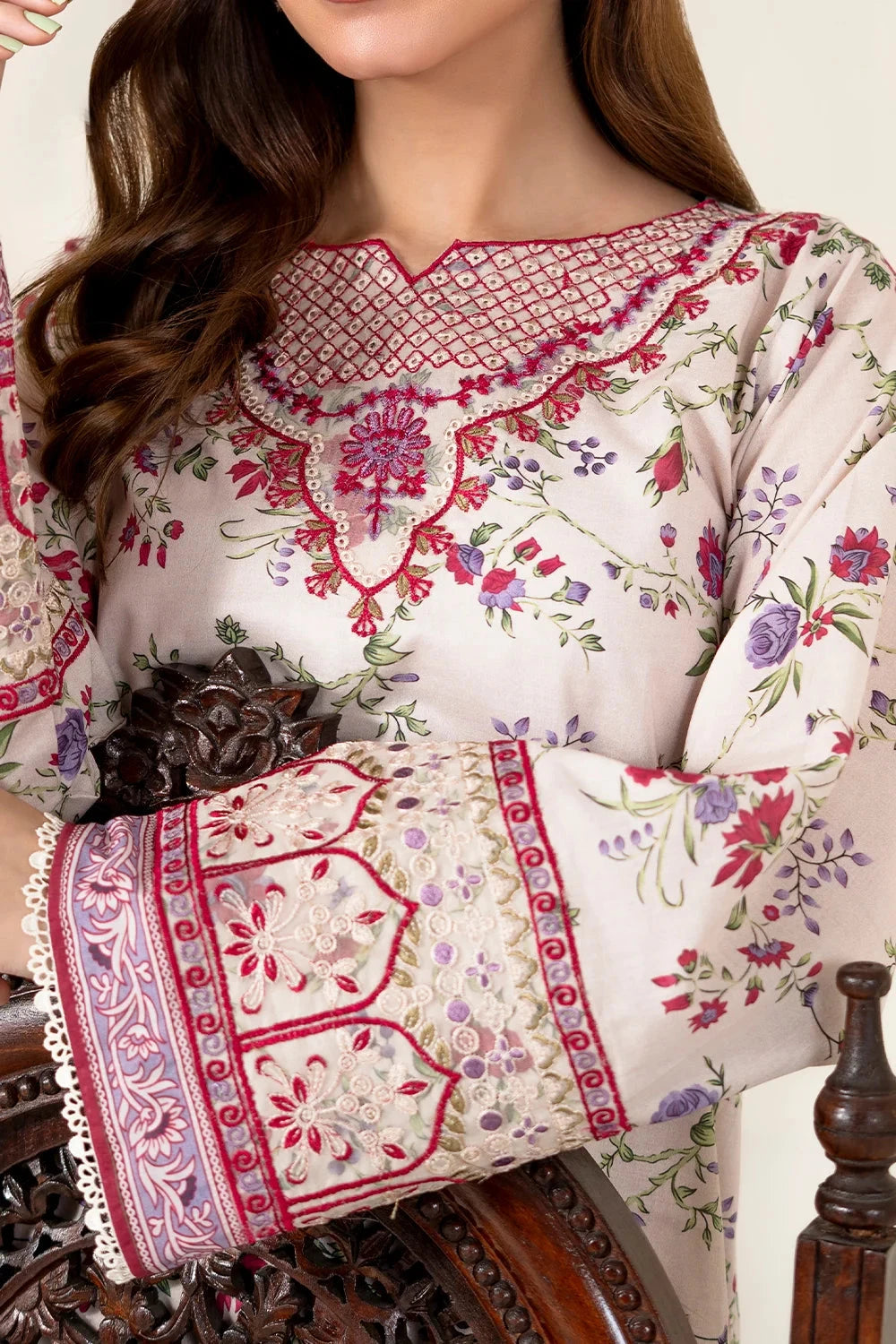 Embroidered Lawn Floral Ivory Stitched Suit - Khas
