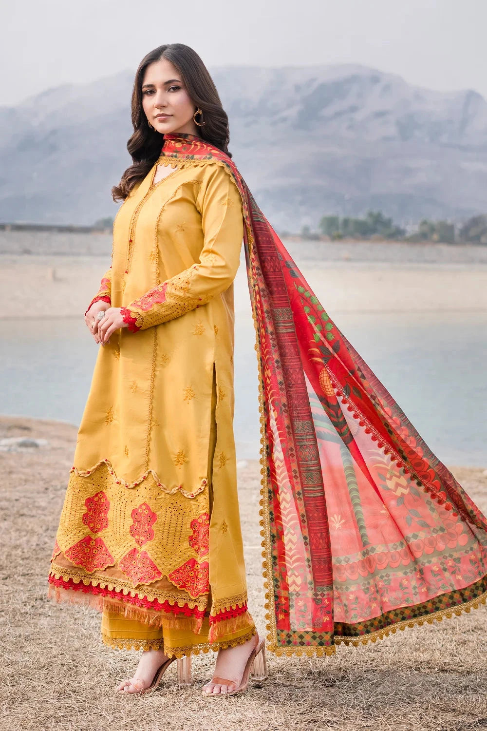 Embroidered Lawn Mustard Yellow Stitched Suit - Khas