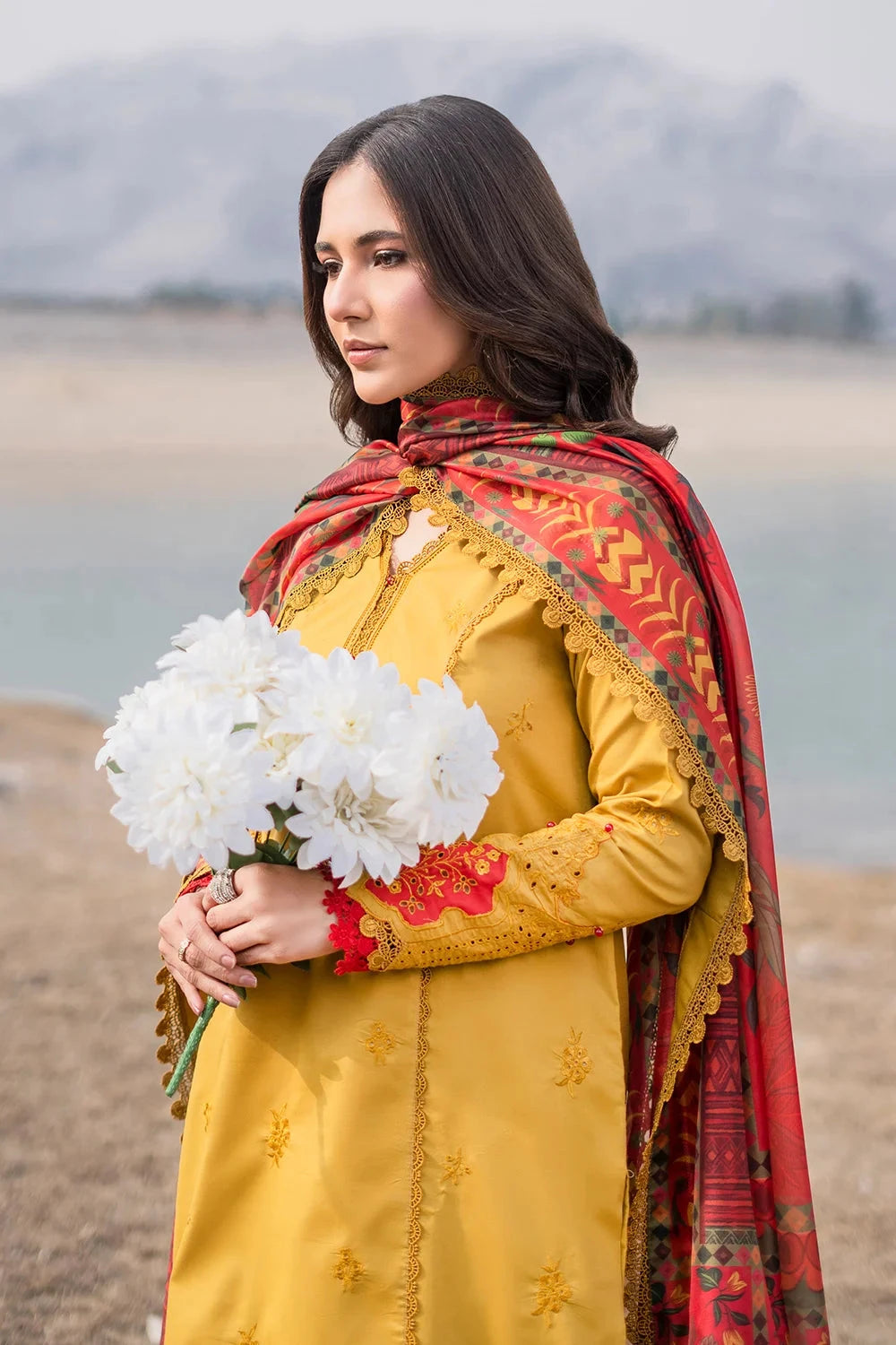 Embroidered Lawn Mustard Yellow Stitched Suit - Khas