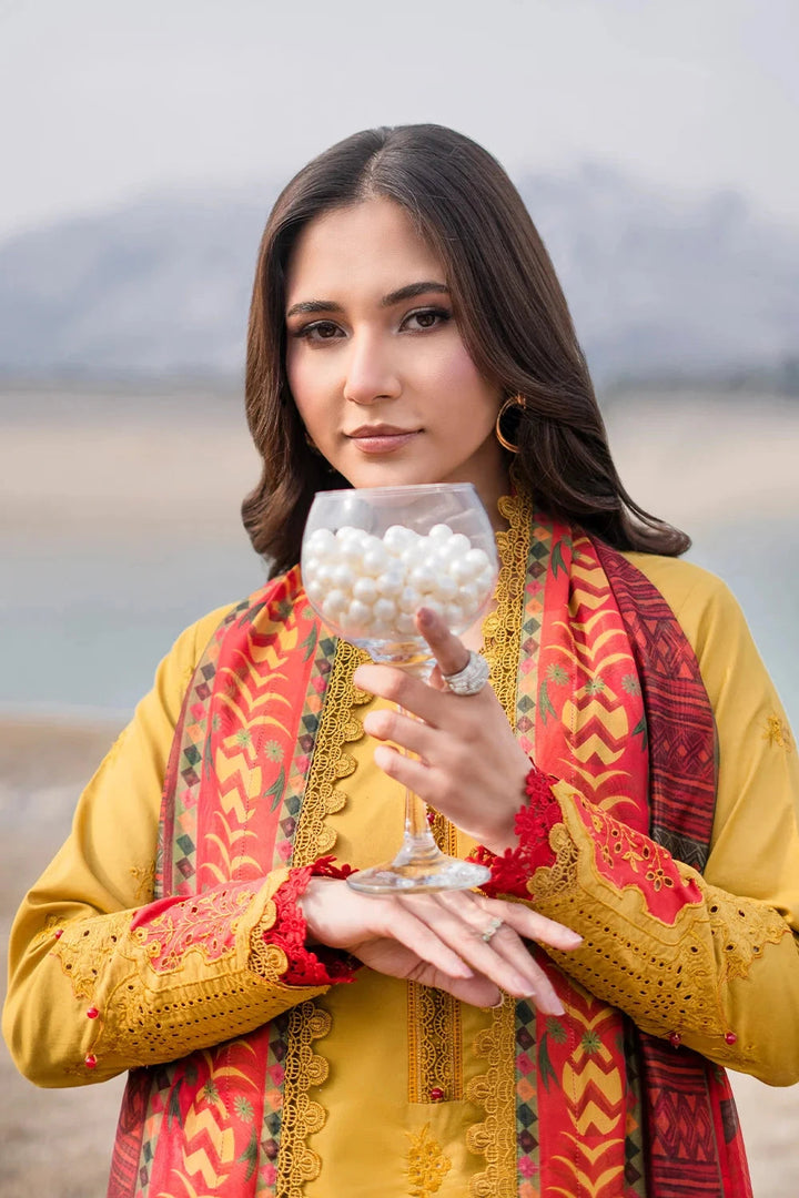 Embroidered Lawn Mustard Yellow Stitched Suit - Khas