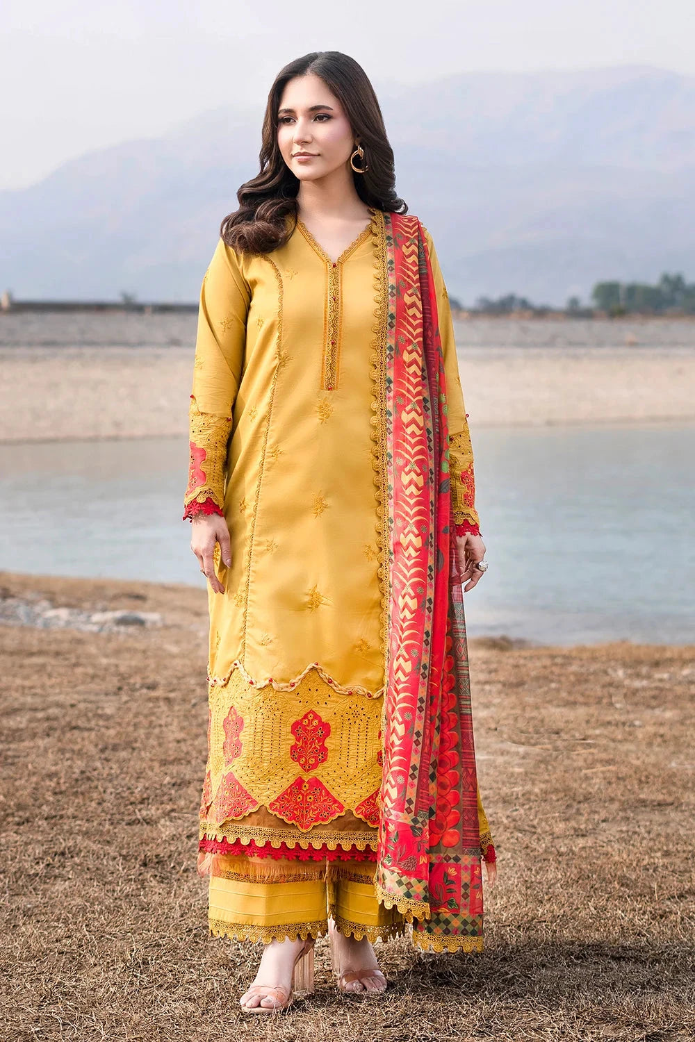 Embroidered Lawn Mustard Yellow Stitched Suit - Khas