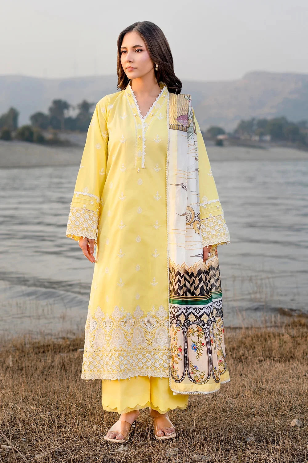 Embroidered Lawn Lime Yellow Stitched Suit - Khas