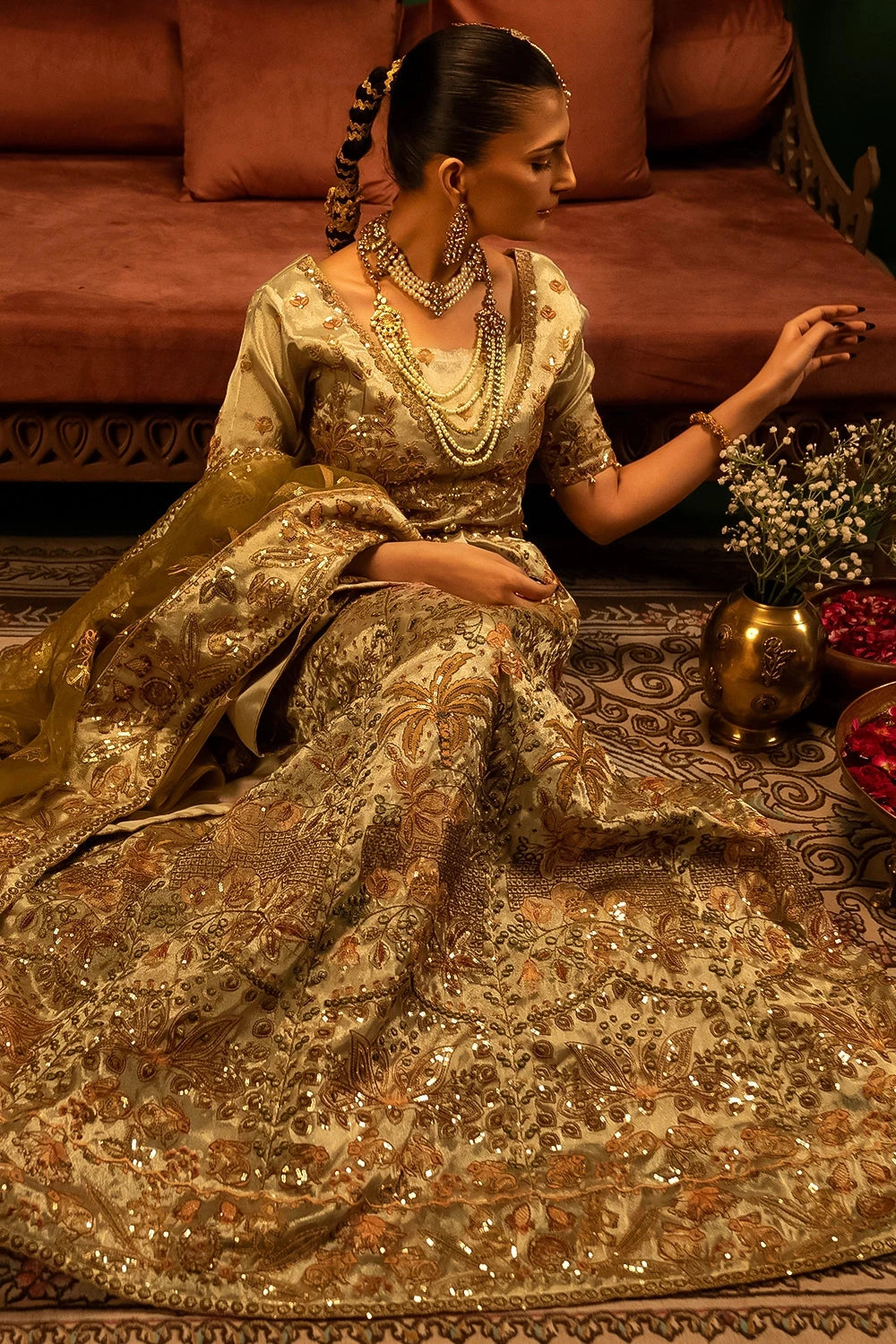 Embroidered Zari Organza Golden Stitched Suit - Meherbano by Khas