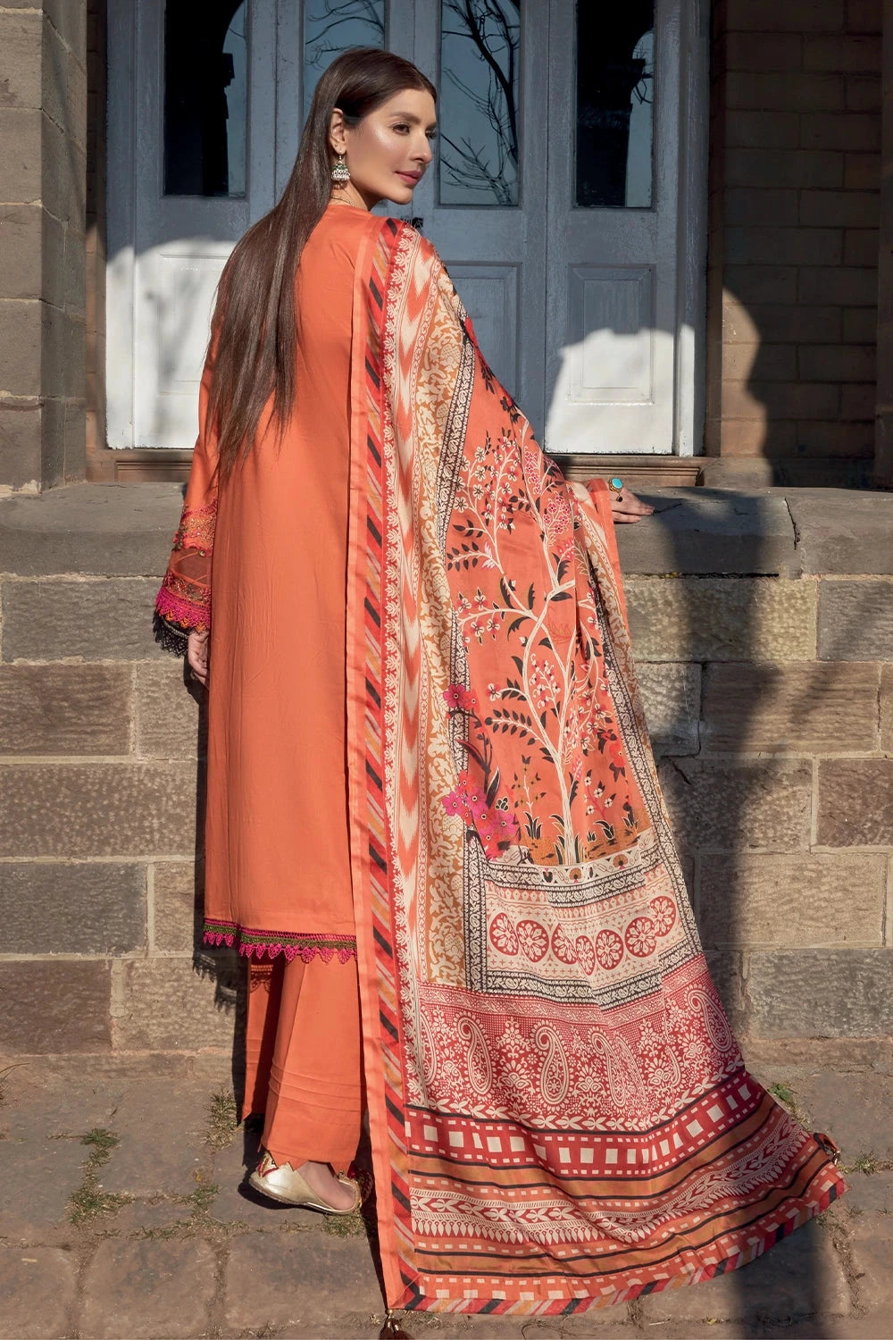 Schiffli Lawn Orange Stitched Suit - Khas