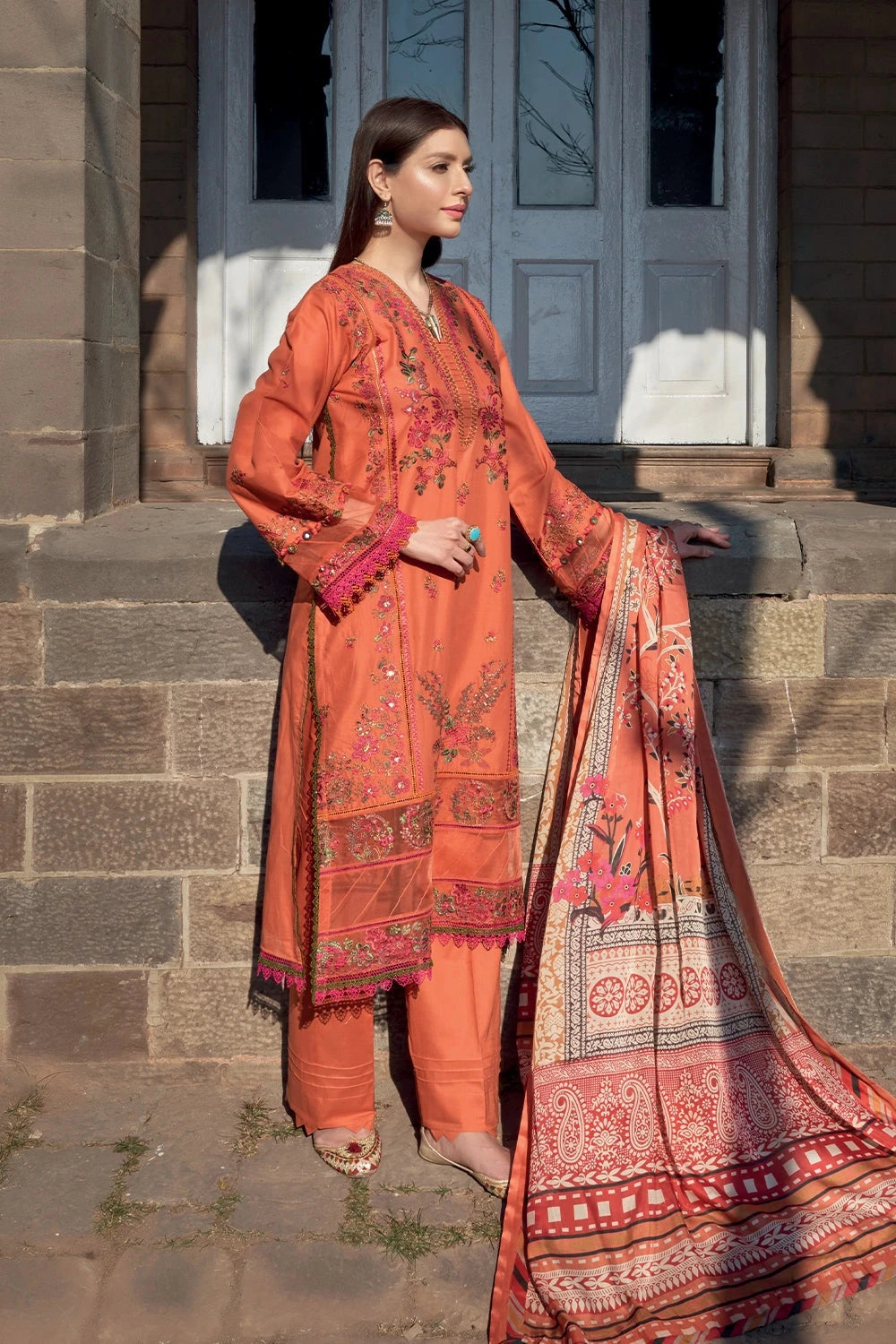 Schiffli Lawn Orange Stitched Suit - Khas