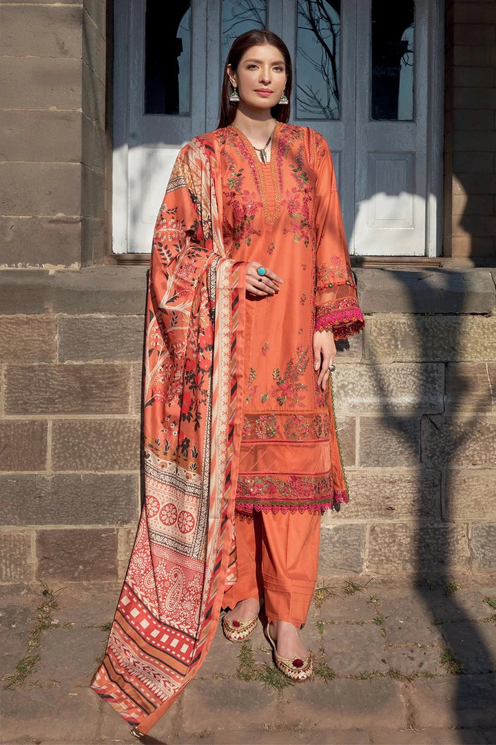 Schiffli Lawn Orange Stitched Suit - Khas