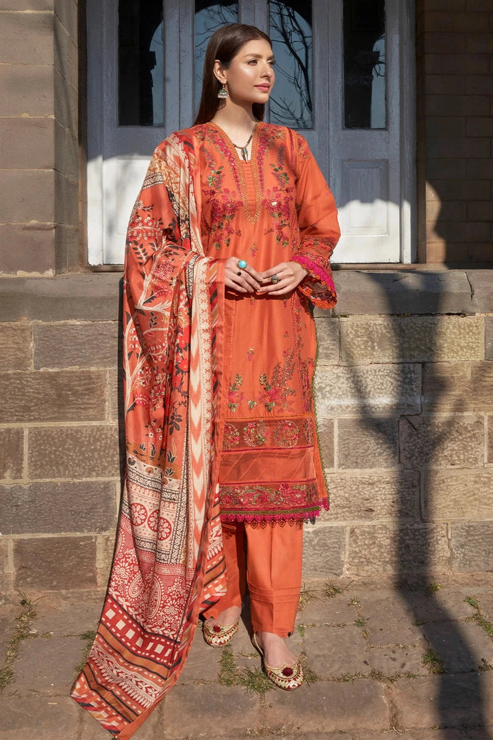 Schiffli Lawn Orange Stitched Suit - Khas