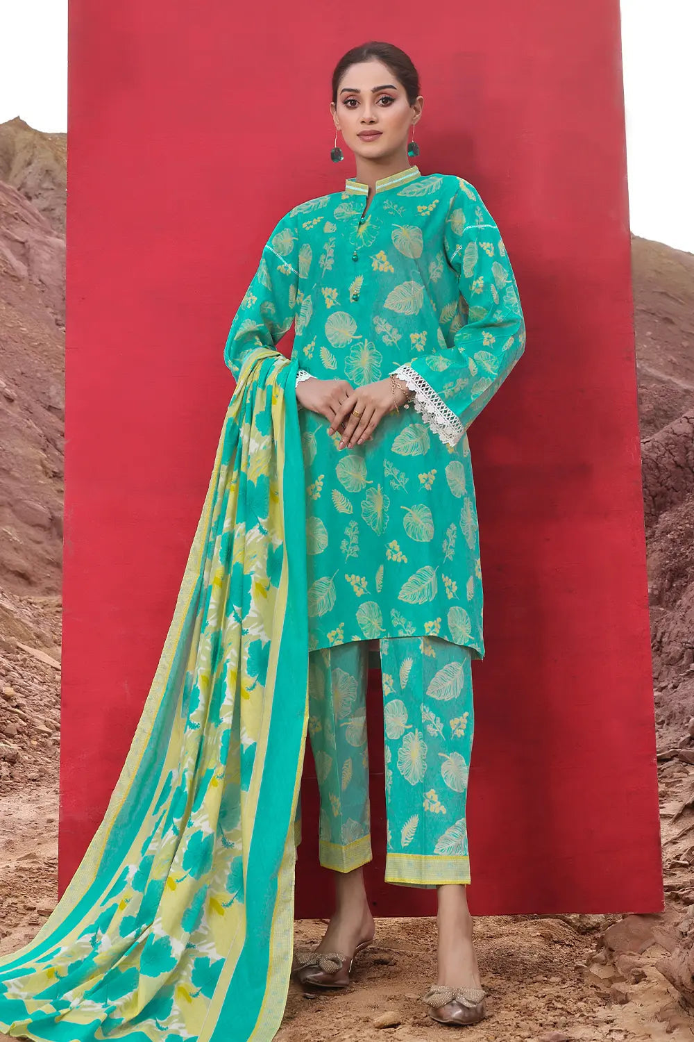 Linen Turquoise Stitched Suit - Khas