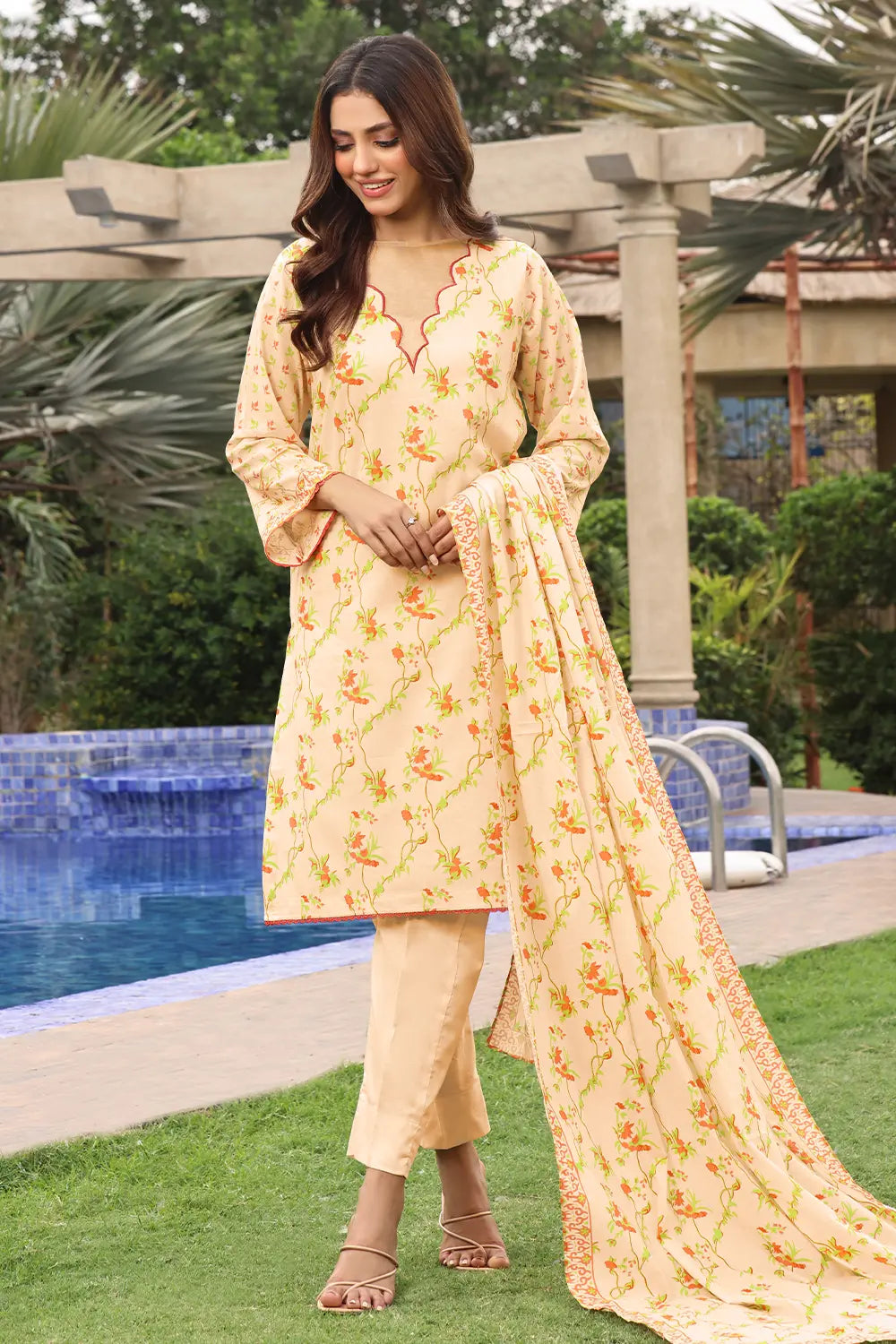 Linen Peach Stitched Suit - Khas