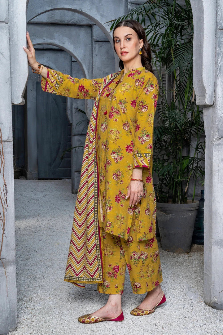 Printed Linen Mustard Stitched Suit - Khas