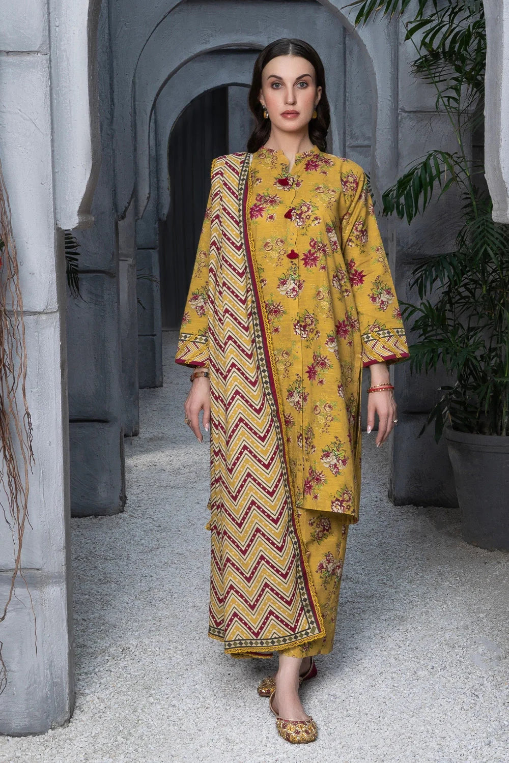 Printed Linen Mustard Stitched Suit - Khas