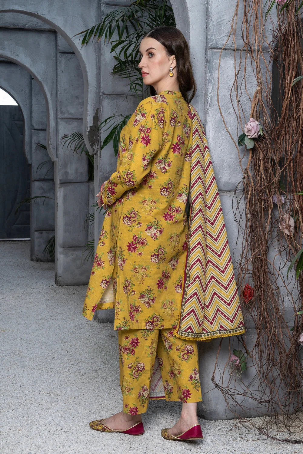 Printed Linen Mustard Stitched Suit - Khas