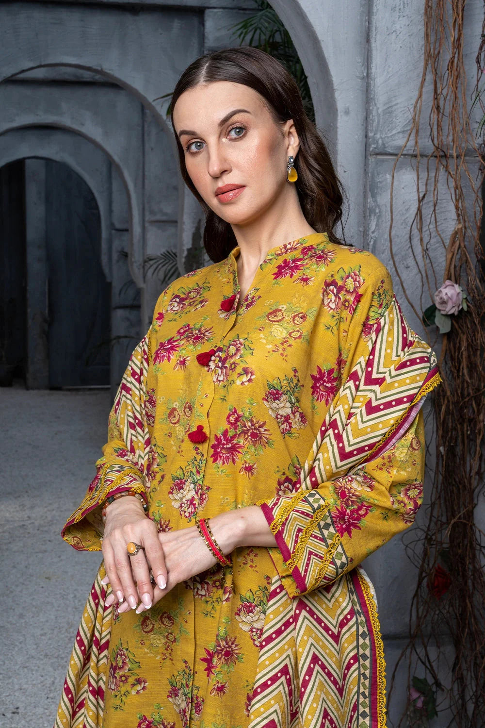 Printed Linen Mustard Stitched Suit - Khas