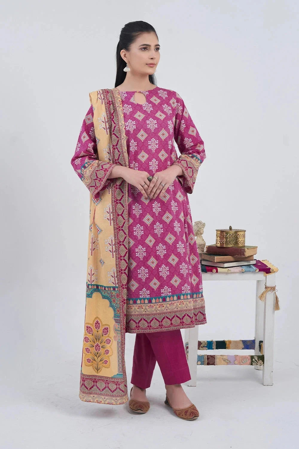 Printed Linen Pink Stitched Suit - Khas