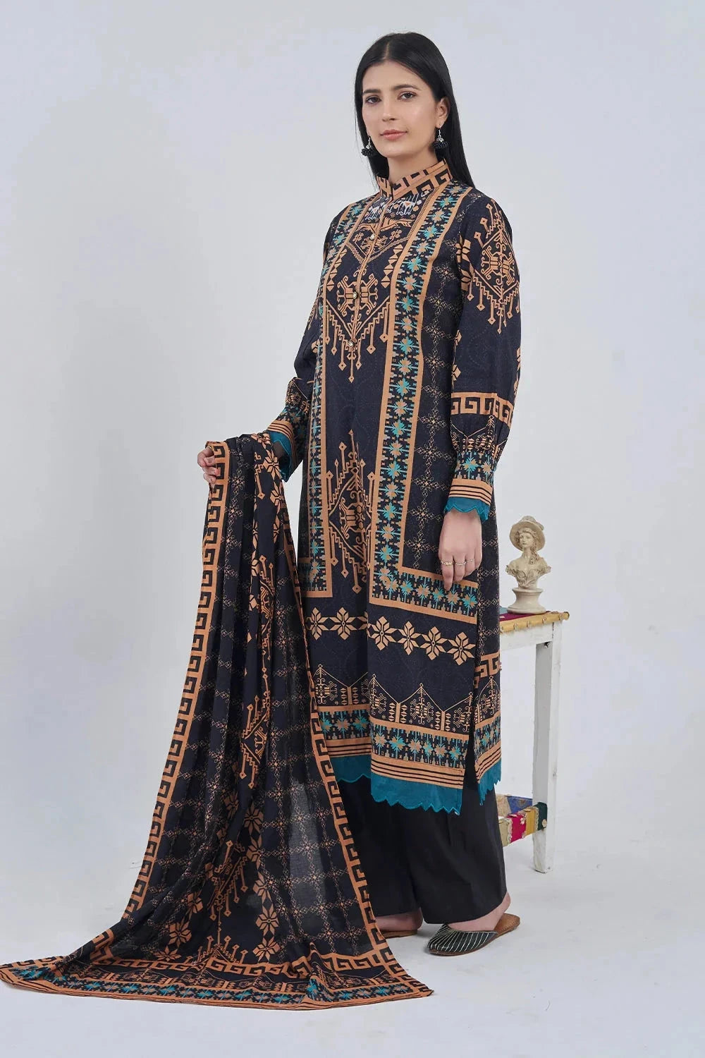Printed Linen Black Stitched Suit - Khas