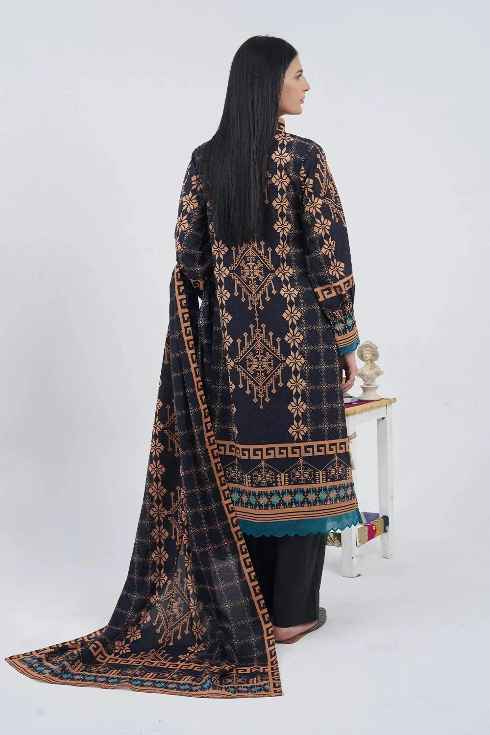 Printed Linen Black Stitched Suit - Khas