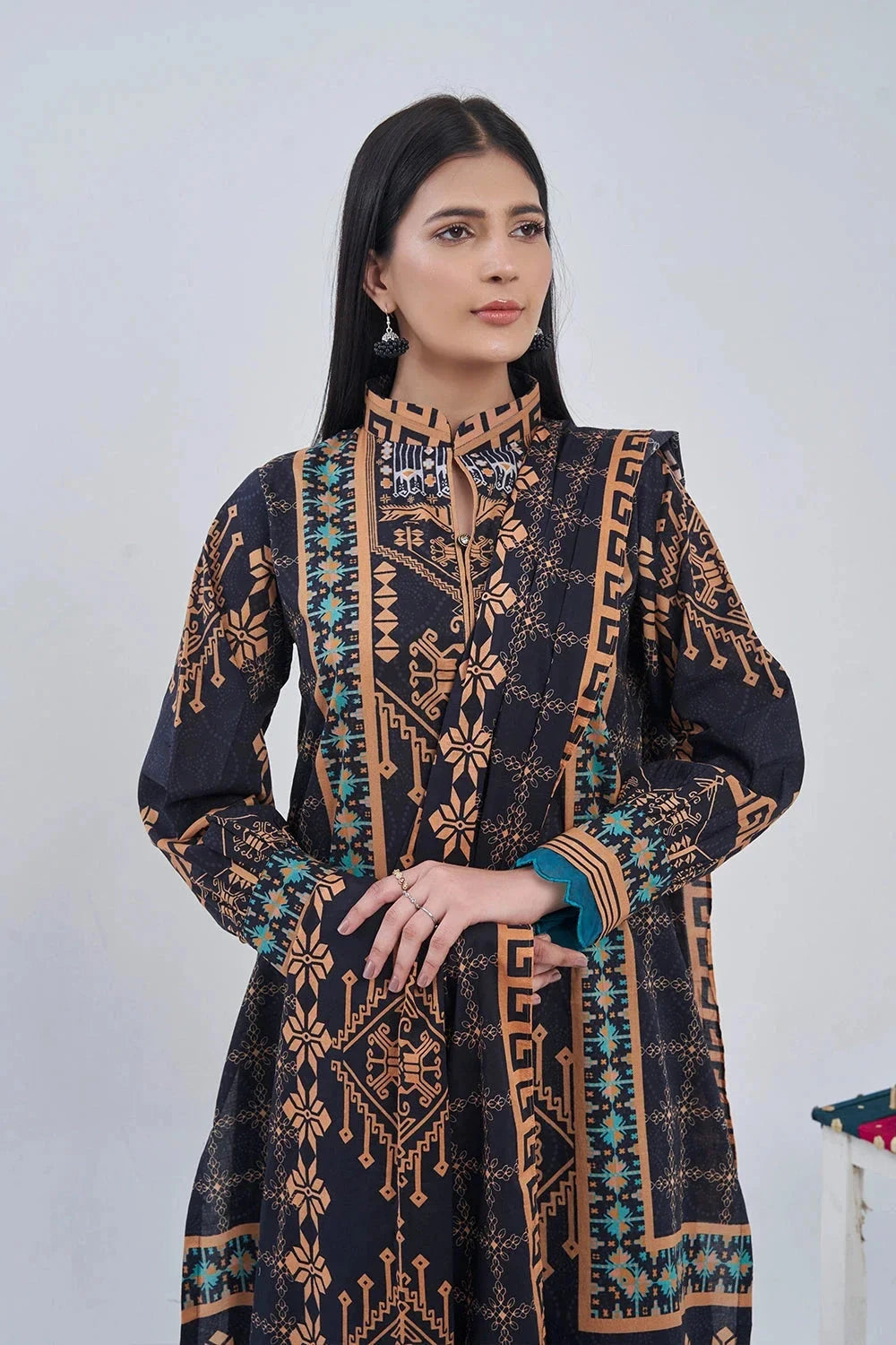 Printed Linen Black Stitched Suit - Khas