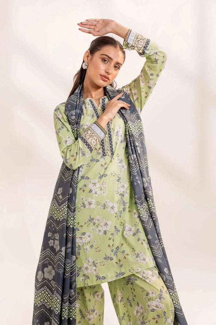 Printed Linen Mint Green Stitched Suit - Khas
