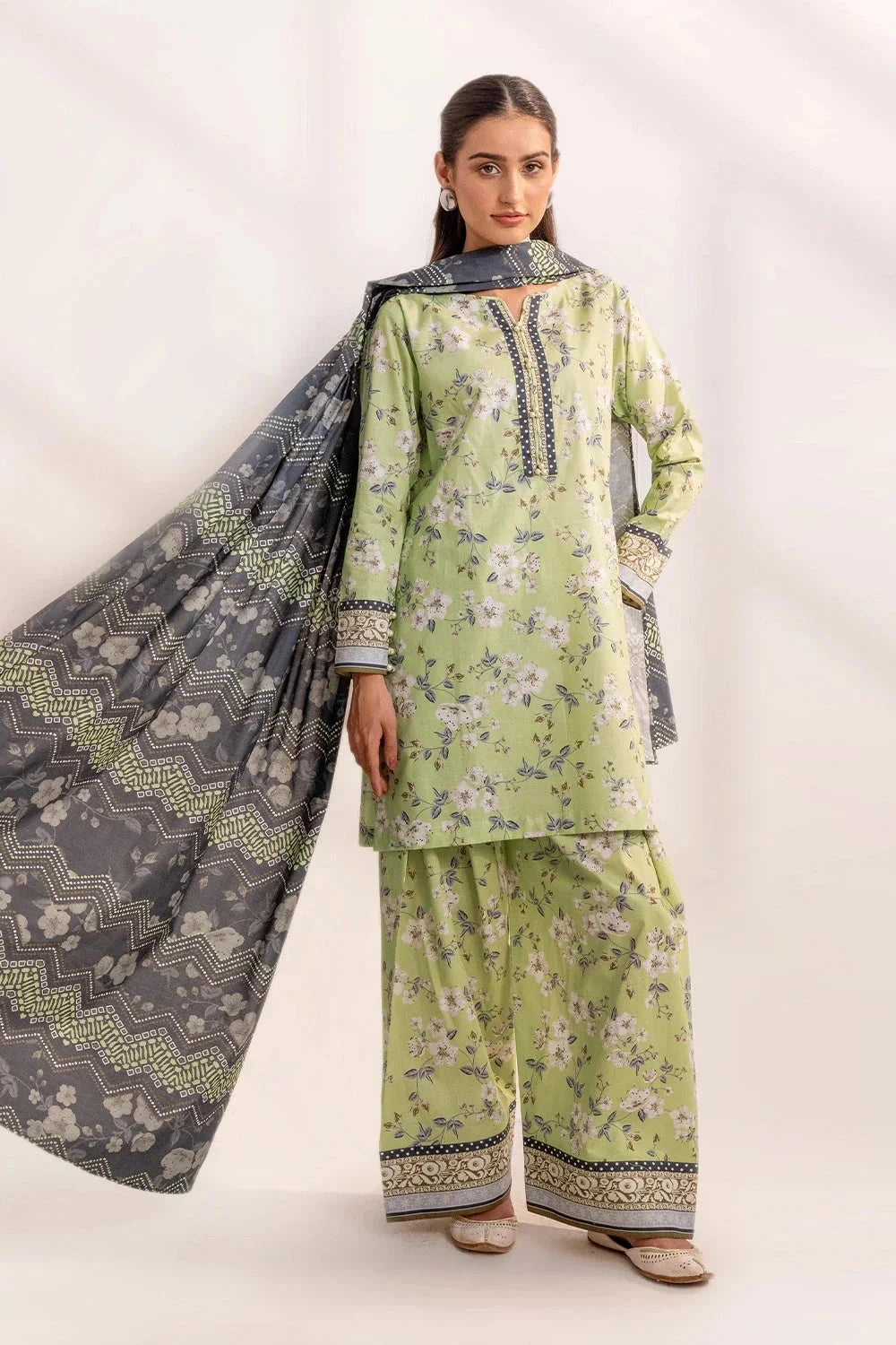 Printed Linen Mint Green Stitched Suit - Khas