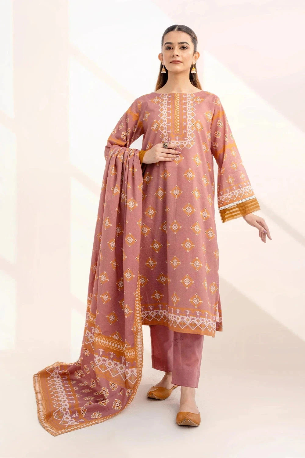 Printed Linen Peach Stitched Suit - Khas