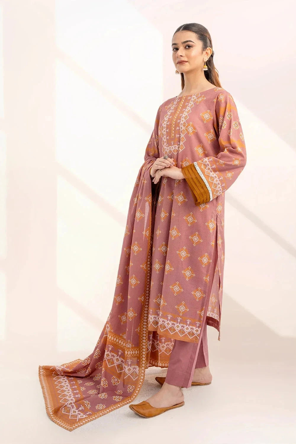 Printed Linen Peach Stitched Suit - Khas